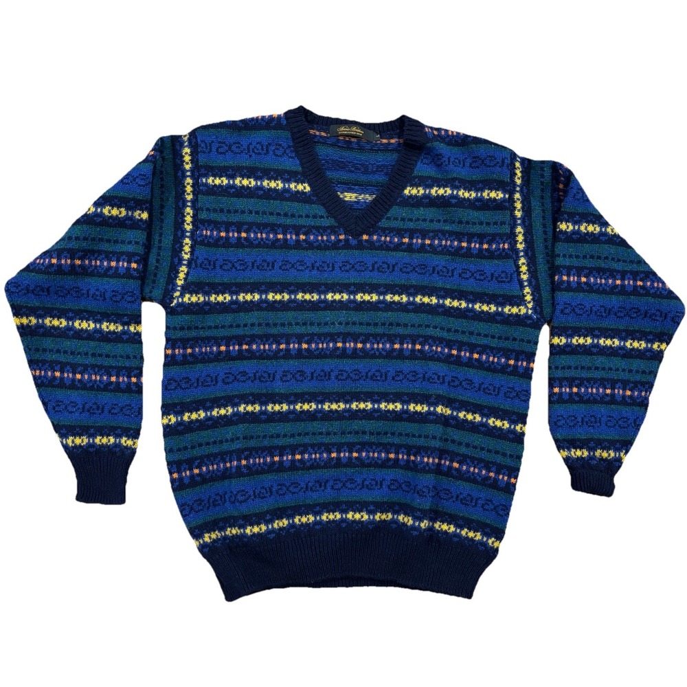 Brooks Brothers V Neck Sweater Blue 100% Wool Fair Isle Pullover England Men's L
